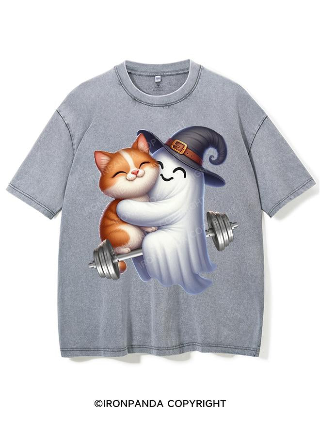 CAT AND GHOST PUMPING IRON TOGETHER VINTAGE GYM SHIRT