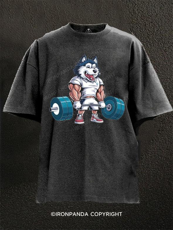 Muscular Husky Weightlifting Washed Gym Shirt