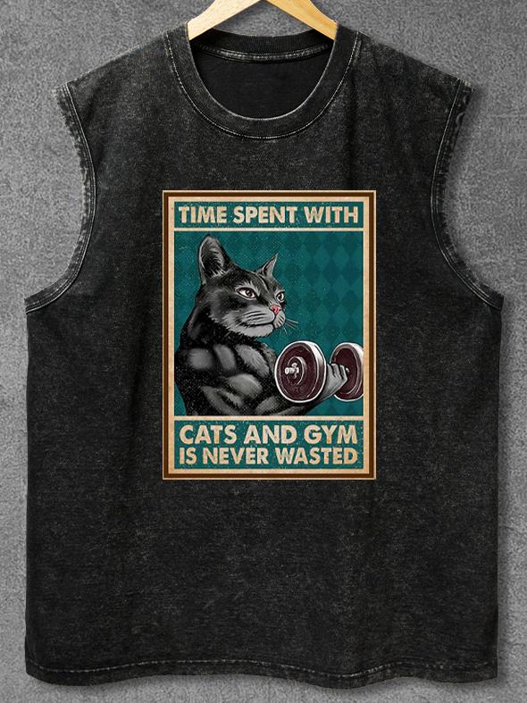 TIME SPENT WITH CATS AND GYM IS NEVER WASTED Washed Gym Tank