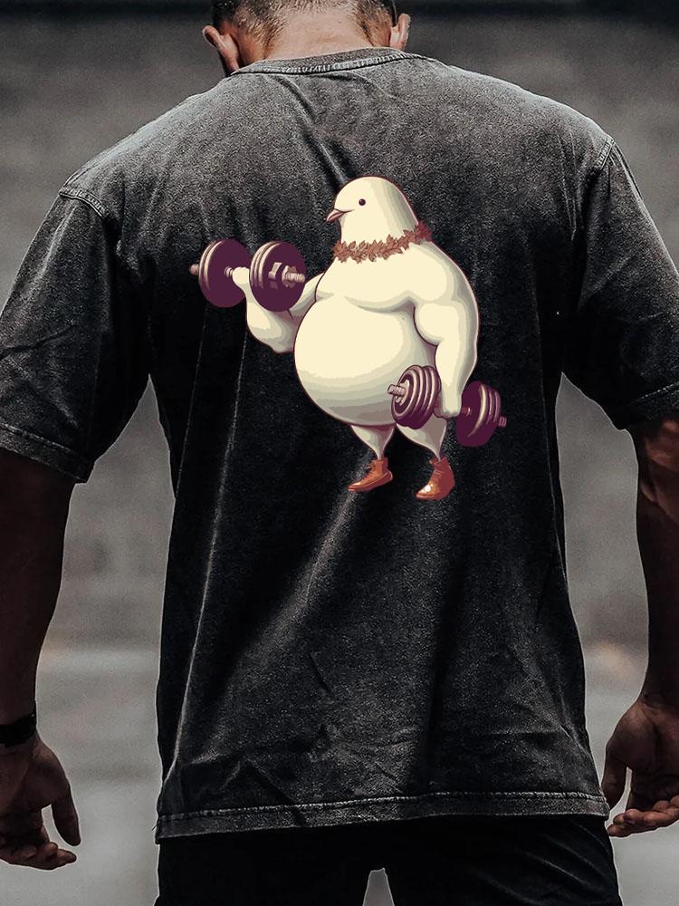 fat pigeon lift dumbbells back printed Washed Gym Shirt