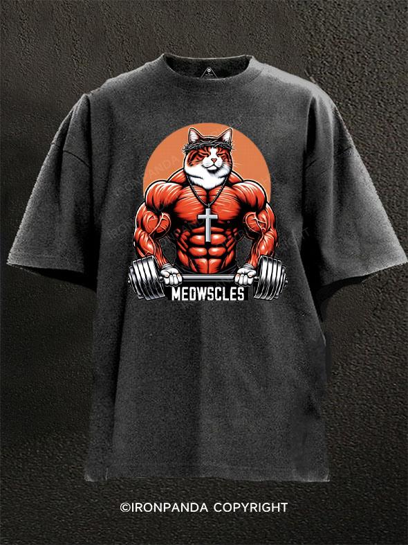 Dead Lift Meowscles Funny Cat Washed Gym Shirt