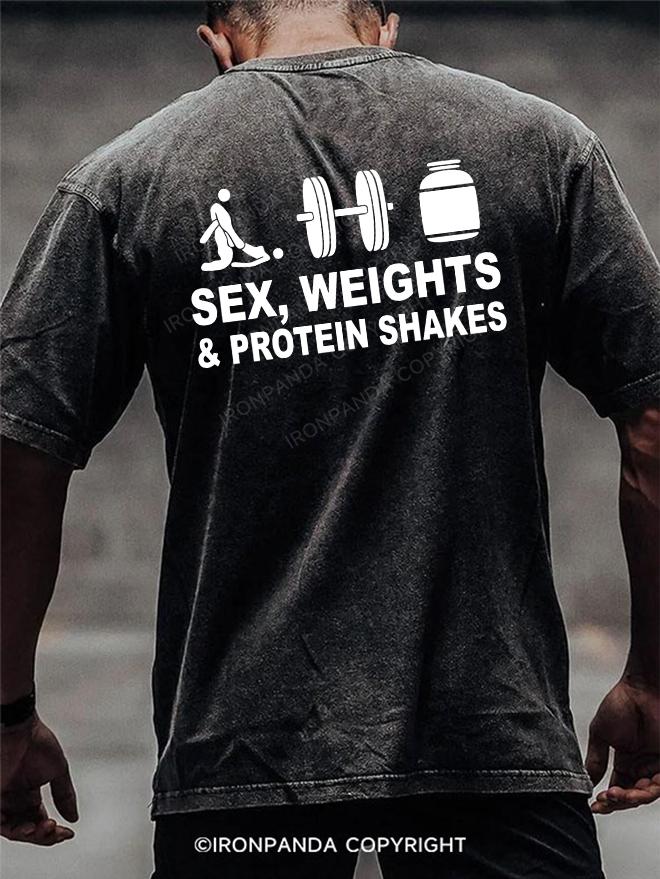 SEX WEIGHTS & PROTEIN back printed Washed Gym Shirt