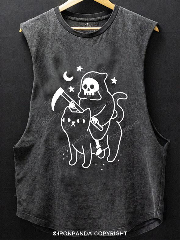 GRIM REAPER RIDING A CAT SCOOP BOTTOM COTTON TANK