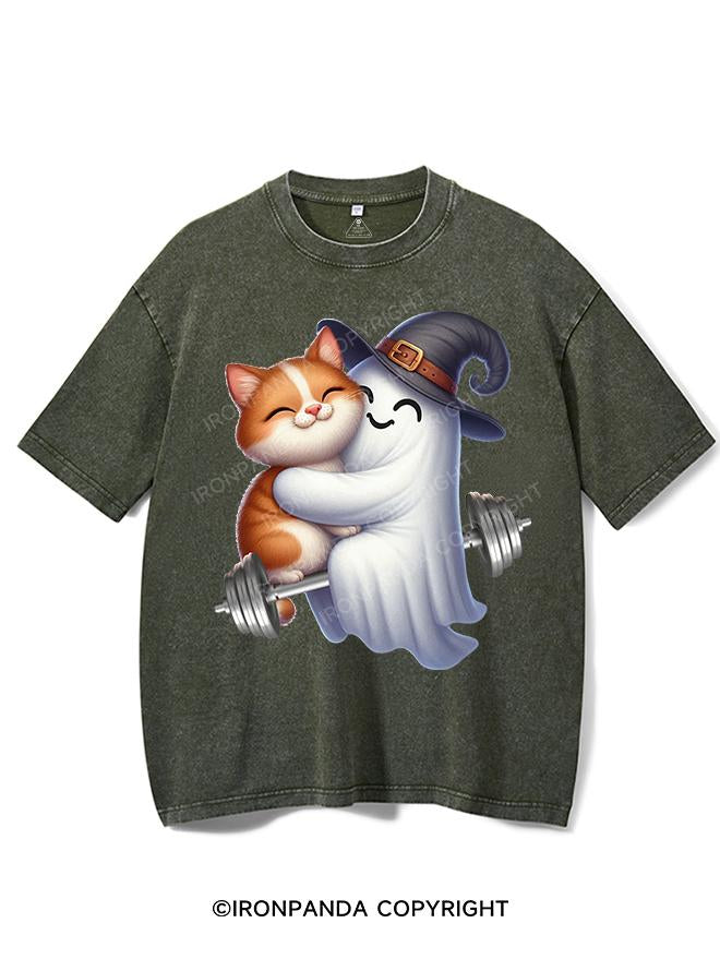 CAT AND GHOST PUMPING IRON TOGETHER VINTAGE GYM SHIRT