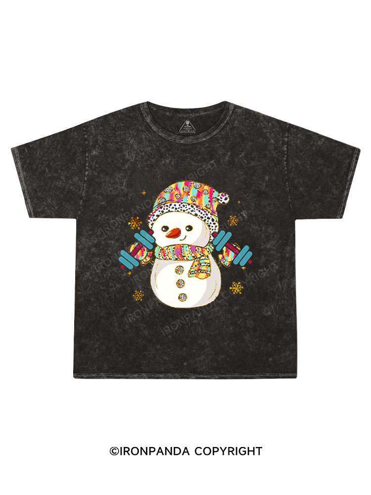 Christmas Weightlifting Snowman Kids Washed T-Shirt