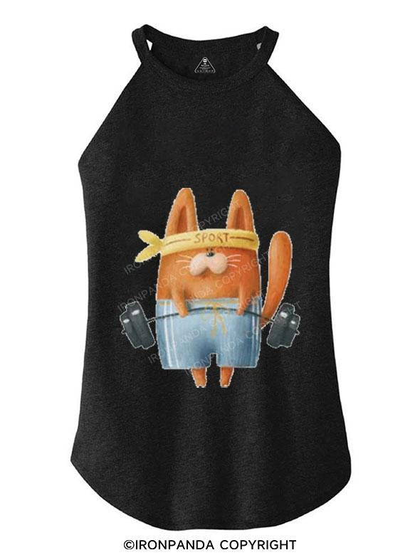 WEIGHT LIFTING CARTOON CAT TRI ROCKER COTTON TANK