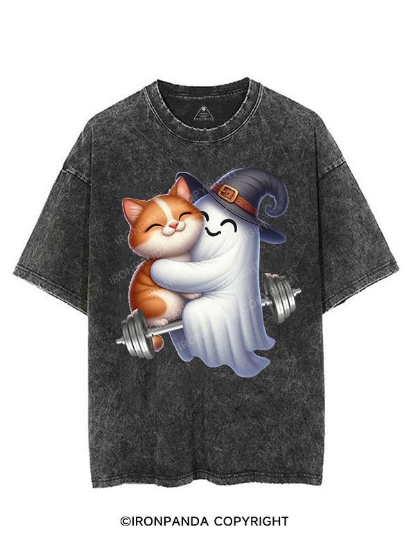 CAT AND GHOST PUMPING IRON TOGETHER VINTAGE GYM SHIRT