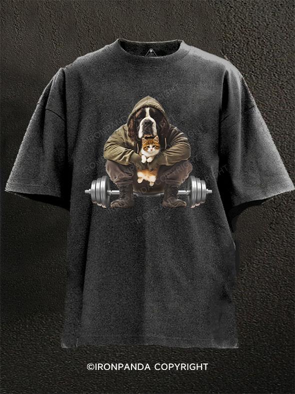 Saint Bernard and kitten barbell Washed Gym Shirt