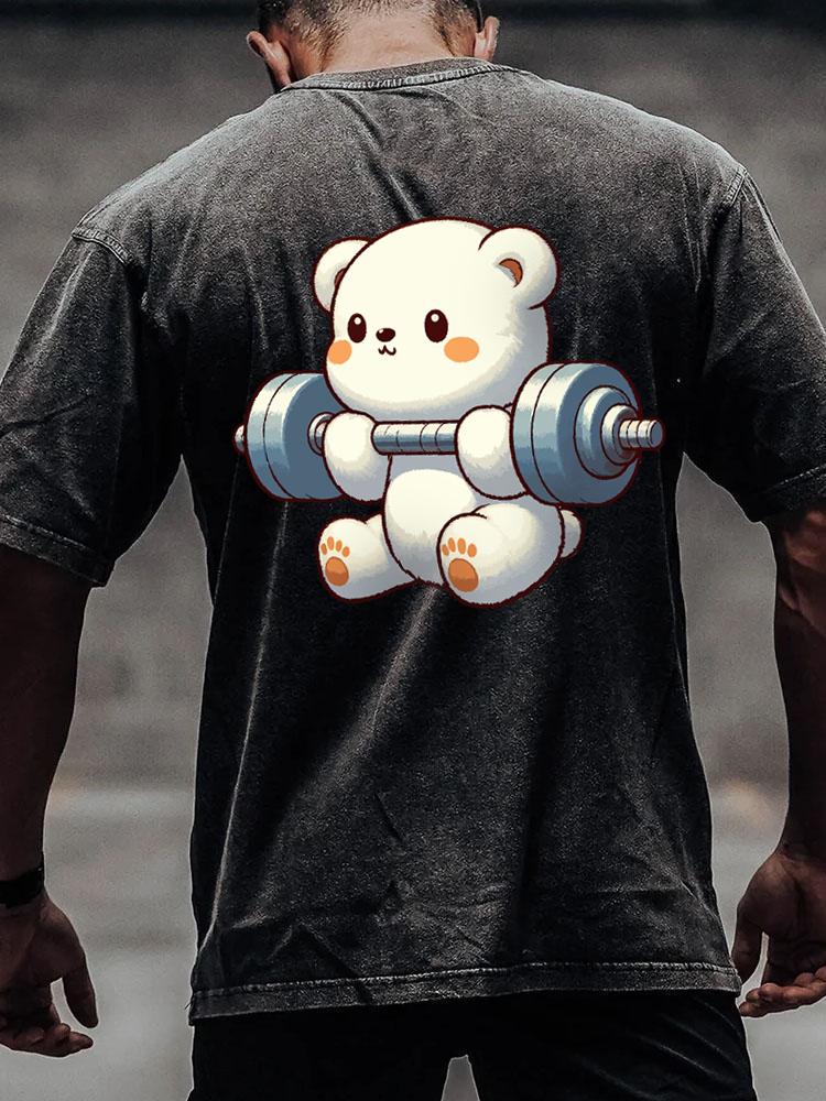 WEIGHTLIFTING TOY  BEAR back printed Washed Gym Shirt