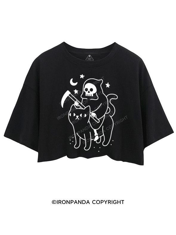 GRIM REAPER RIDING A CAT CROP TOPS