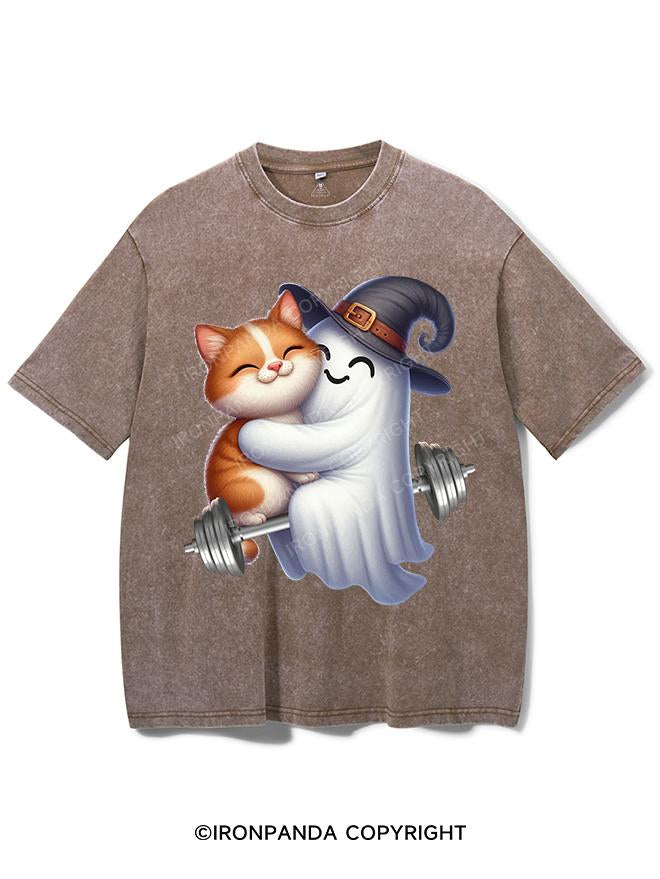 CAT AND GHOST PUMPING IRON TOGETHER VINTAGE GYM SHIRT