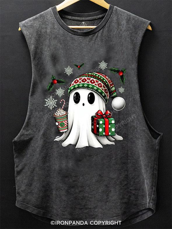 CHRISTMAS GHOST WITH COFFEE AND GIFT SCOOP BOTTOM COTTON TANK