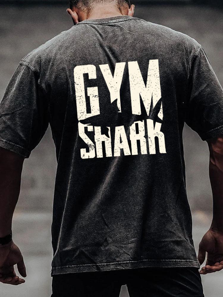 gym shark back printed Washed Gym Shirt