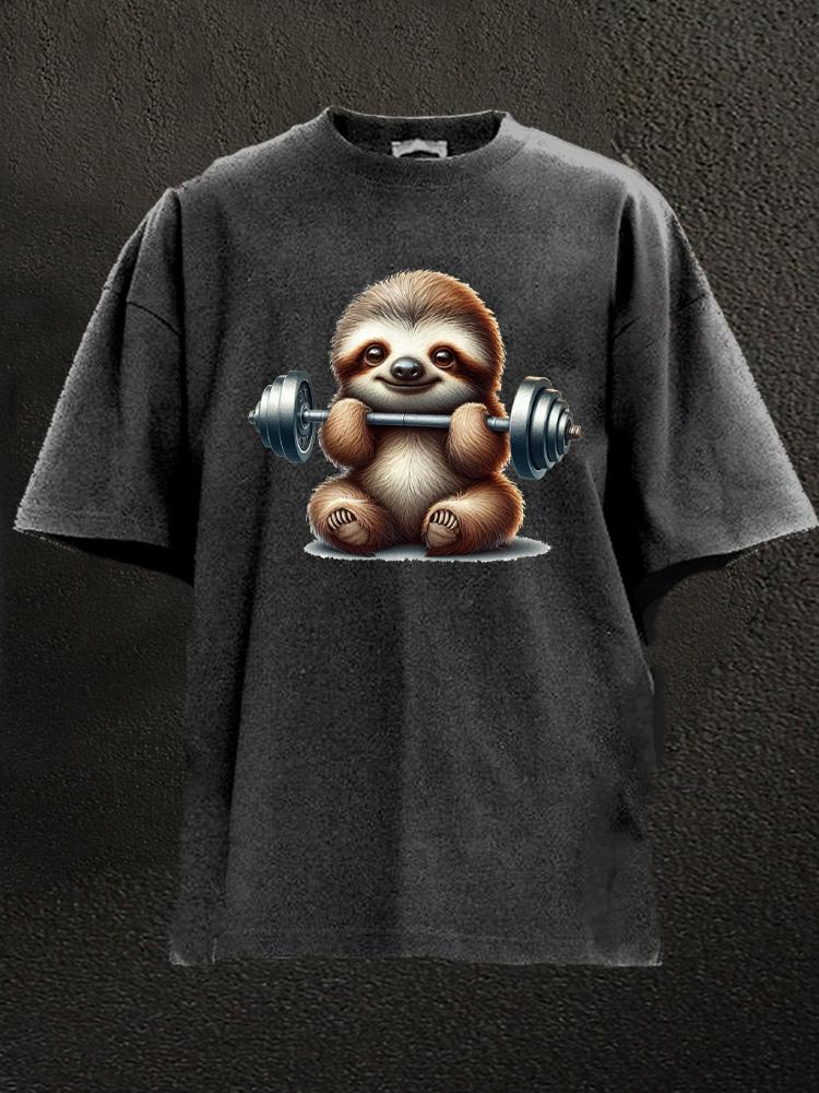 barbell weightlifting sloth Washed Gym Shirt