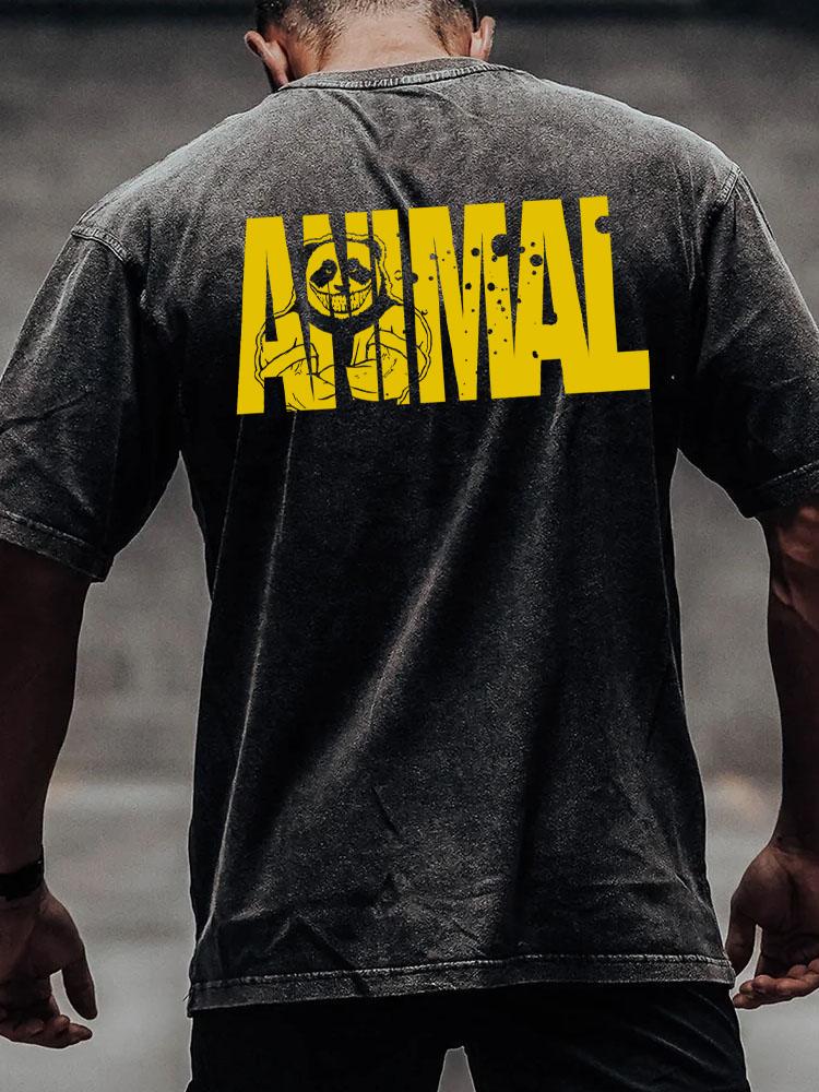 animal back printed Washed Gym Shirt