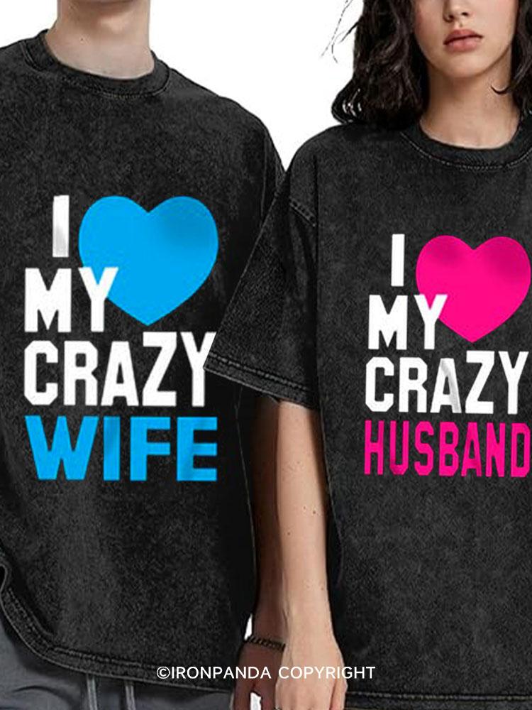 Love Crazy Husband Wife Washed Matching Couple Gym Shirt