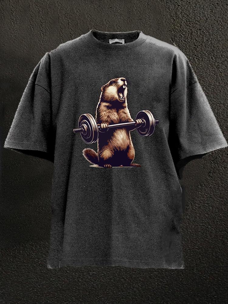 barbell wieghtlifting groundhog Washed Gym Shirt