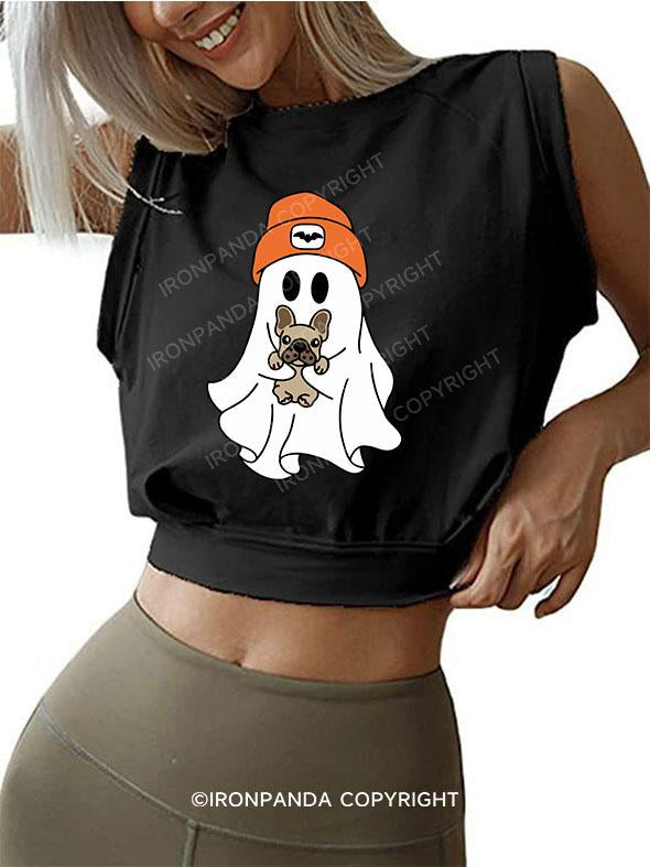 HALLOWEEN GHOST WITH A PUPPY SLEEVELESS CROP TOPS