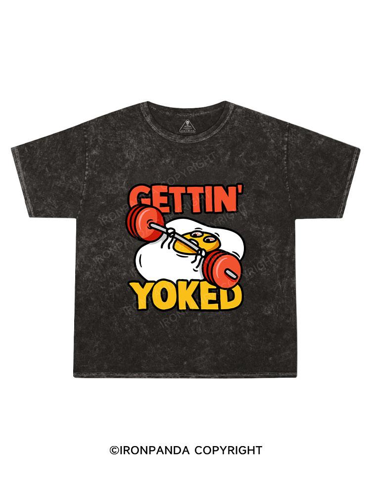 Getting Yoked Funny Benching Egg Kids Washed T-Shirt