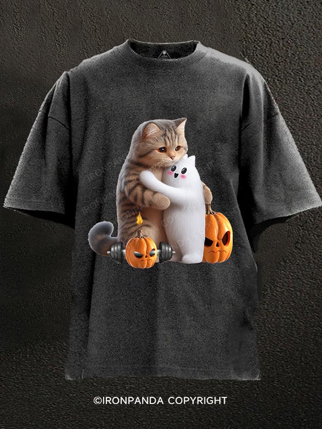 workout cat and ghost Washed Gym Shirt