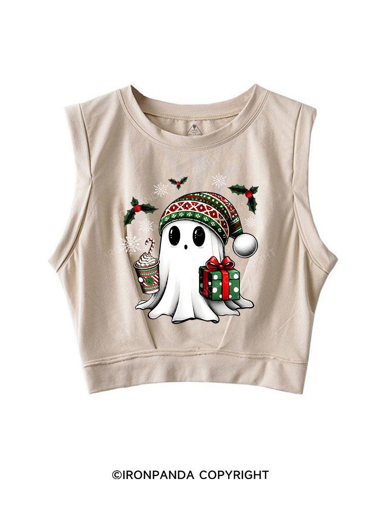 CHRISTMAS GHOST WITH COFFEE AND GIFT SLEEVELESS CROP TOPS