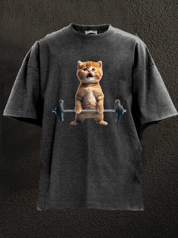 Cat Weightlifting Washed Gym Shirt