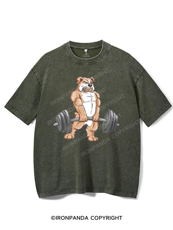 Bulldog at bodybuilding with barbell Washed Gym Shirt