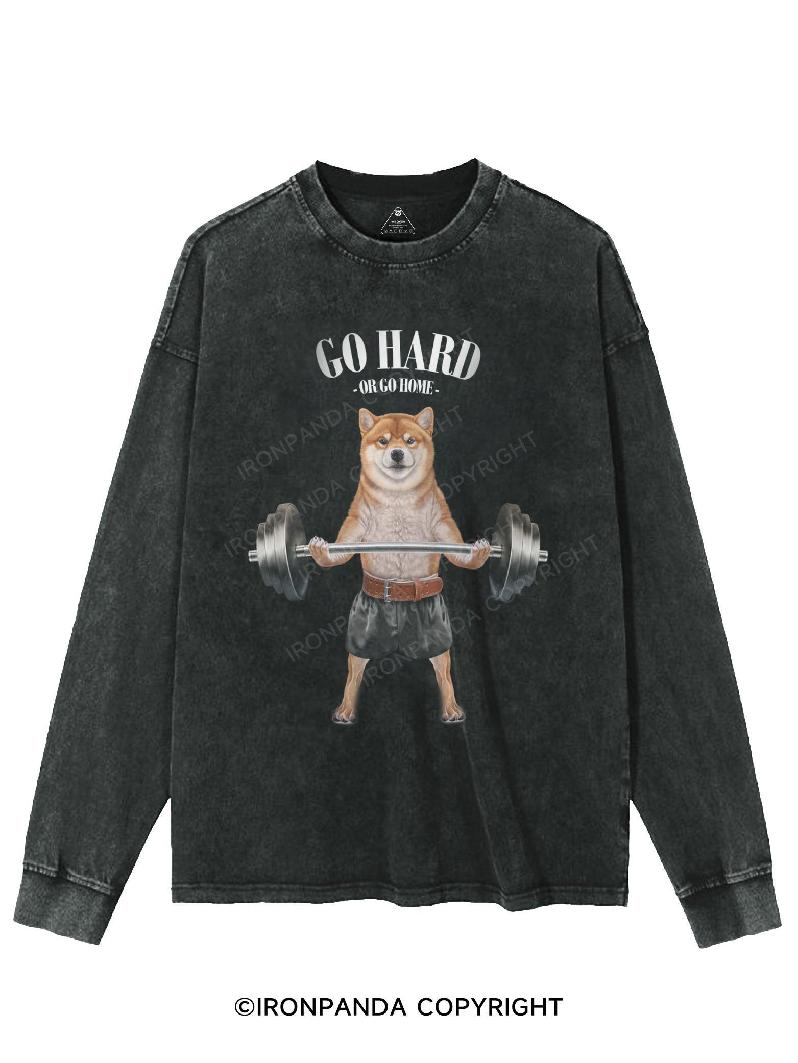 Shiba Dog Weightlifting WASHED LONG SLEEVE SHIRT