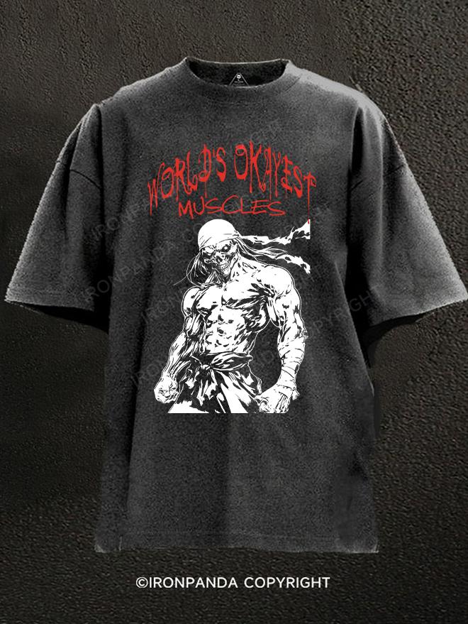 WORLD'S OKAYEST MUSCLES skeleton Washed Gym Shirt