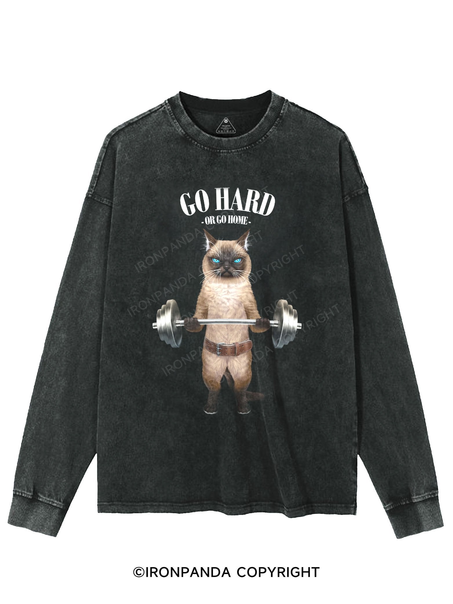 Siamese Cat Weightlifting WASHED LONG SLEEVE SHIRT