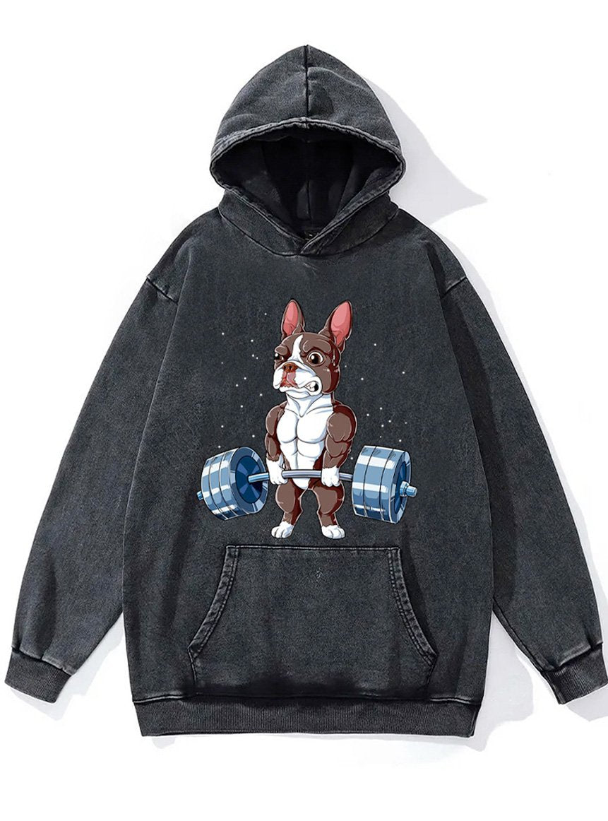 Weightlifting Brown Boston Terrier Washed Gym Hoodie