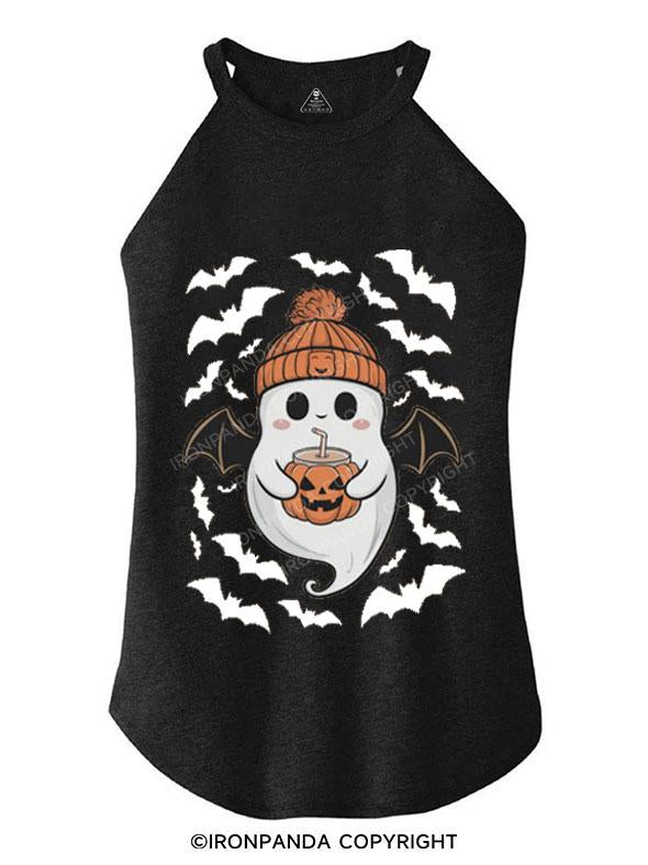 A FLYING GHOST WITH A DRINK TRI ROCKER COTTON TANK