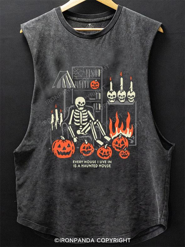 EVERY HOUSE I LIVE IN IS A HAUNTED HOUSE SCOOP BOTTOM COTTON TANK