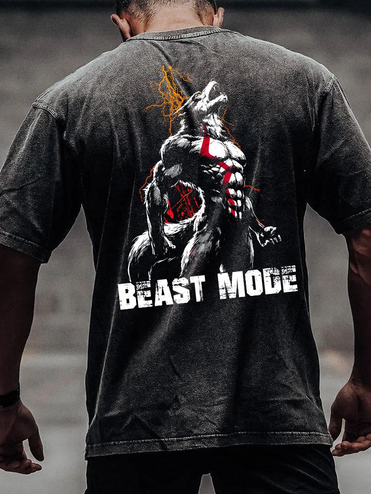 beast mode wolf back printed Washed Gym Shirt