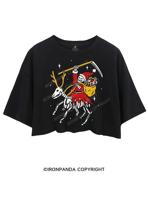 GRIM REAPER SANTA ON A REINDEER CROP TOPS