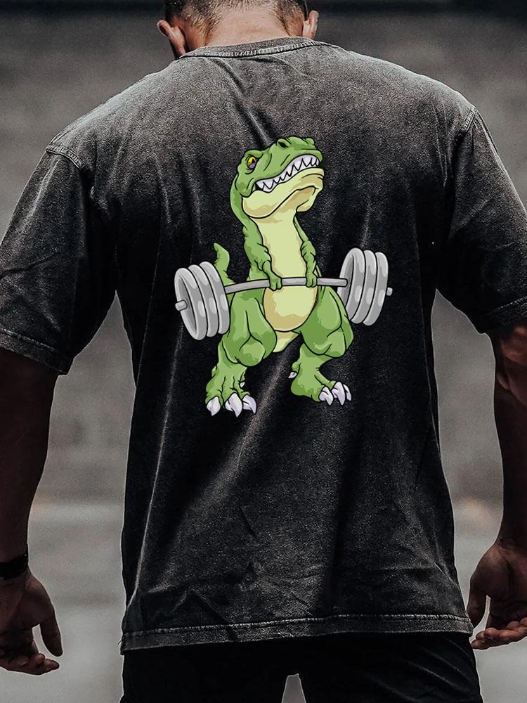 Weightlifting Dinosaur back printed Washed Gym Shirt