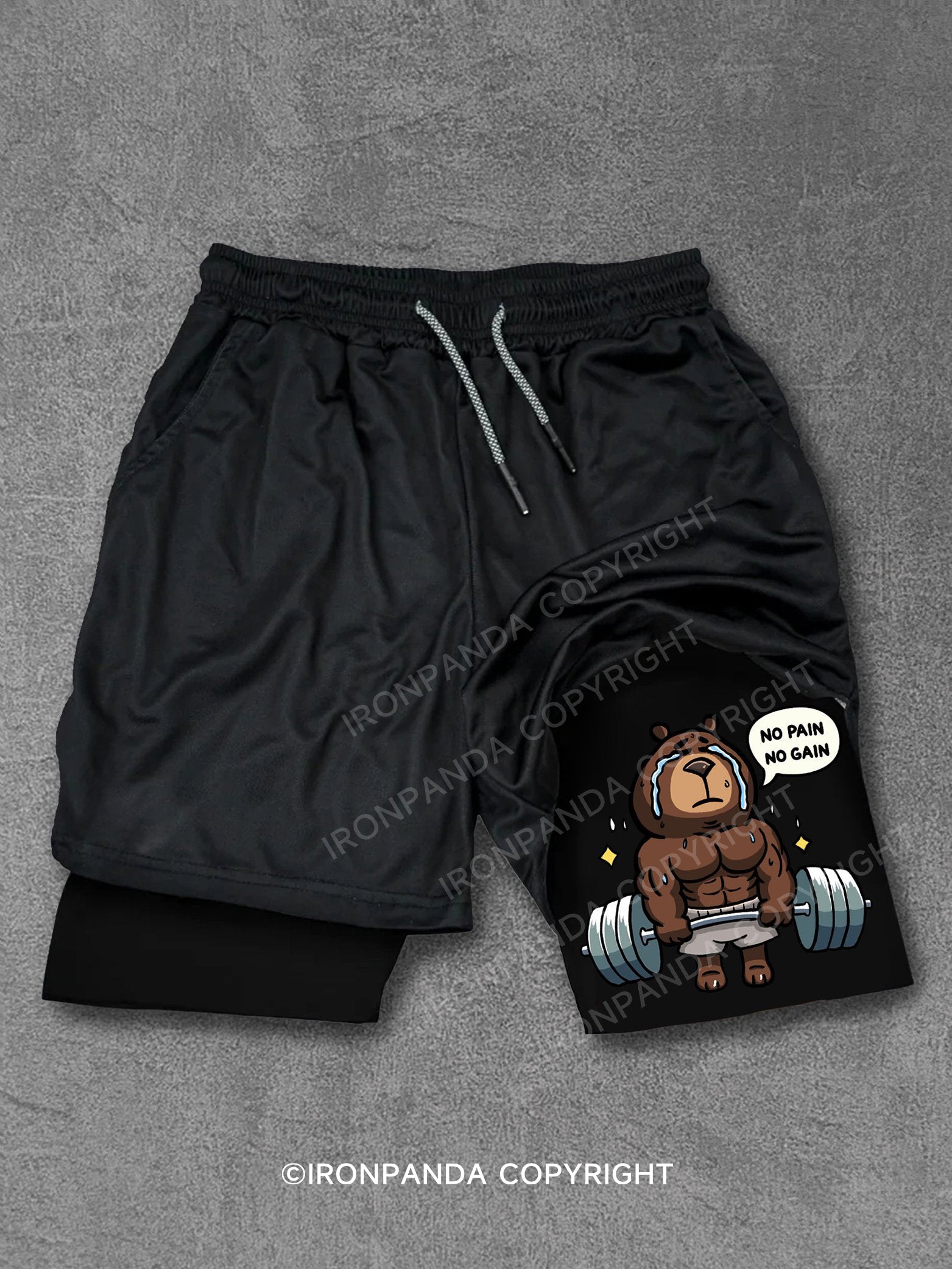 NO PAIN NO GAIN WEIGHTLIFTING BEAR Performance Training Shorts