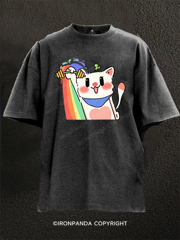 LIFTING KITTY VIBIN' WITH RAINBOWS Washed Gym Shirt