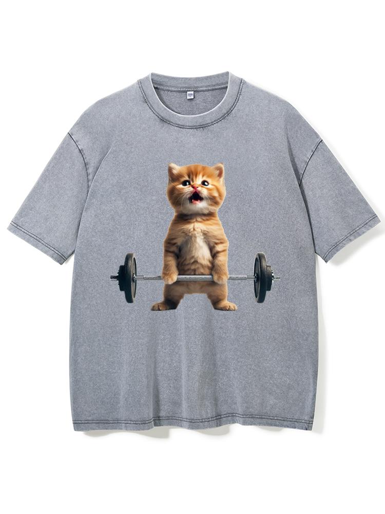 Cat Weightlifting Washed Gym Shirt