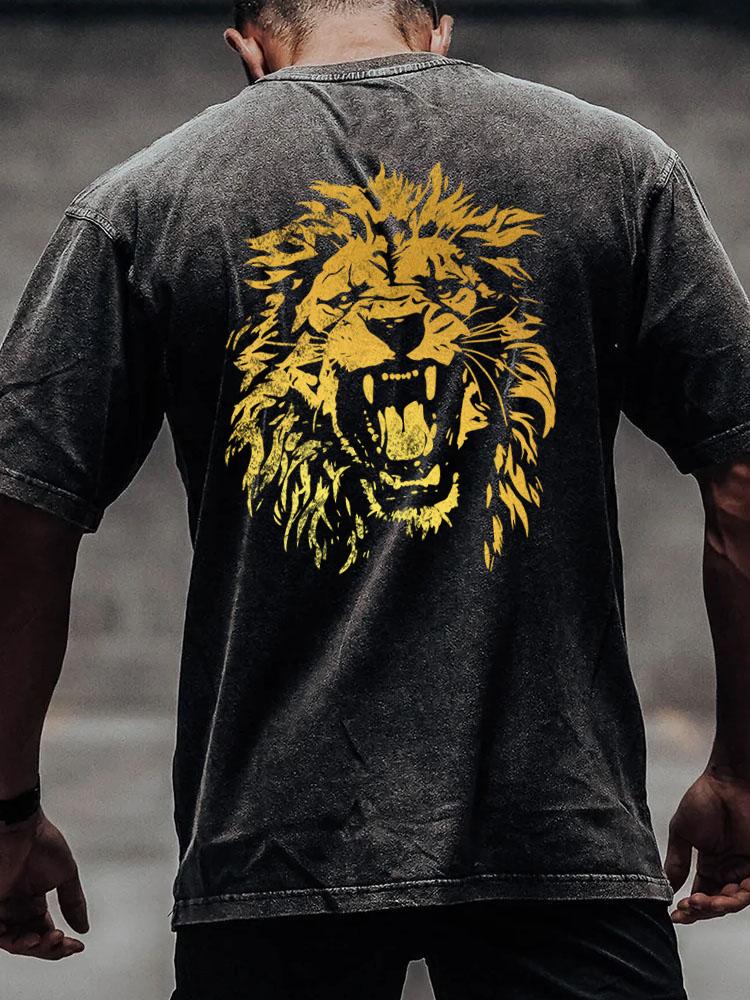 roaring lion back printed Washed Gym Shirt