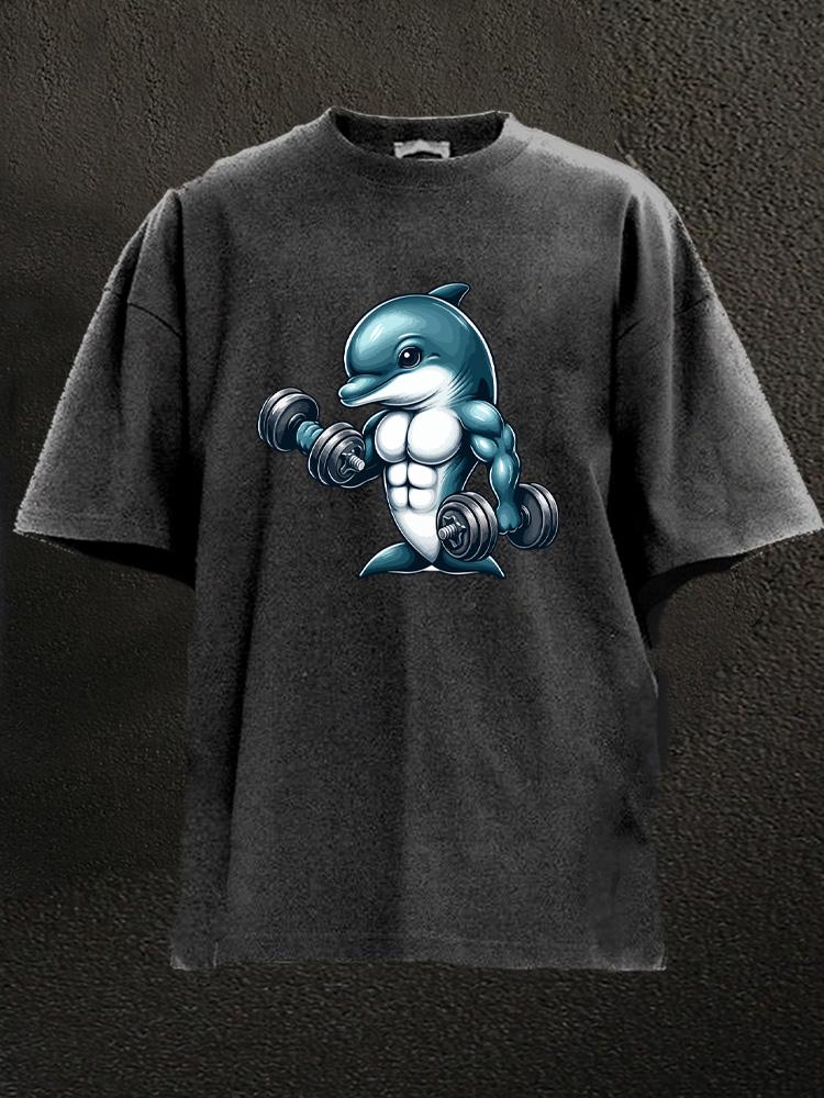 dumbbell weightlifting muscular dolphin Washed Gym Shirt