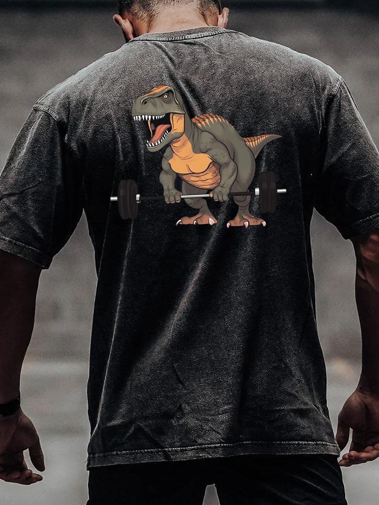 WEIGHTLIFTING DINOSAUR back printed Washed Gym Shirt