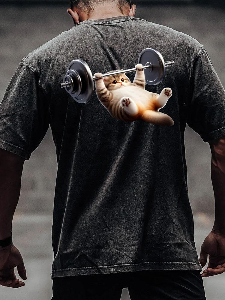 BENCH PRESS CAT back printed Washed Gym Shirt