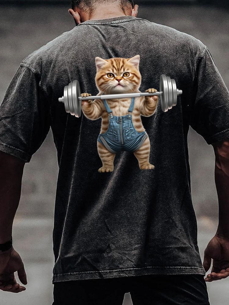 WEIGHTLIFTING CAT back printed Washed Gym Shirt