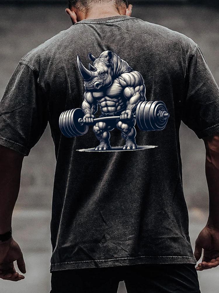 BARBELL WEIGHTLIFTING RHINO back printed Washed Gym Shirt