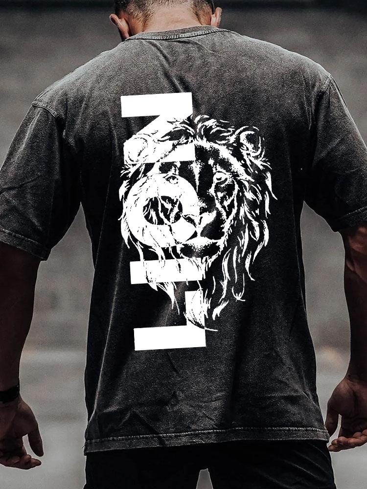 LION Washed back printed Washed Gym Shirt