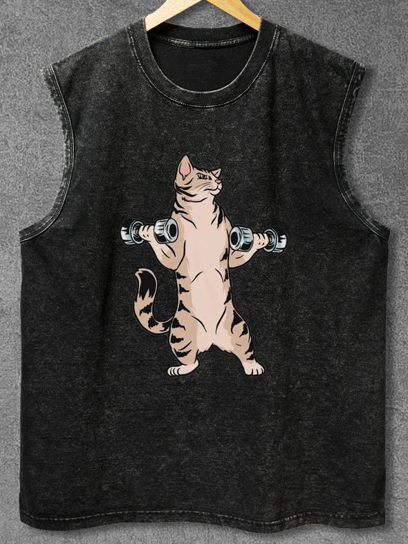 Weightlifting Cat Washed Gym Tank