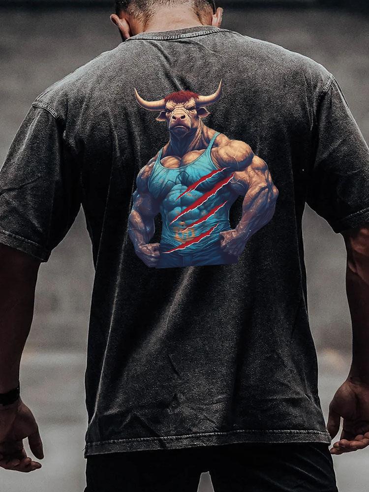 MUSCLE TAUREN back printed Washed Gym Shirt