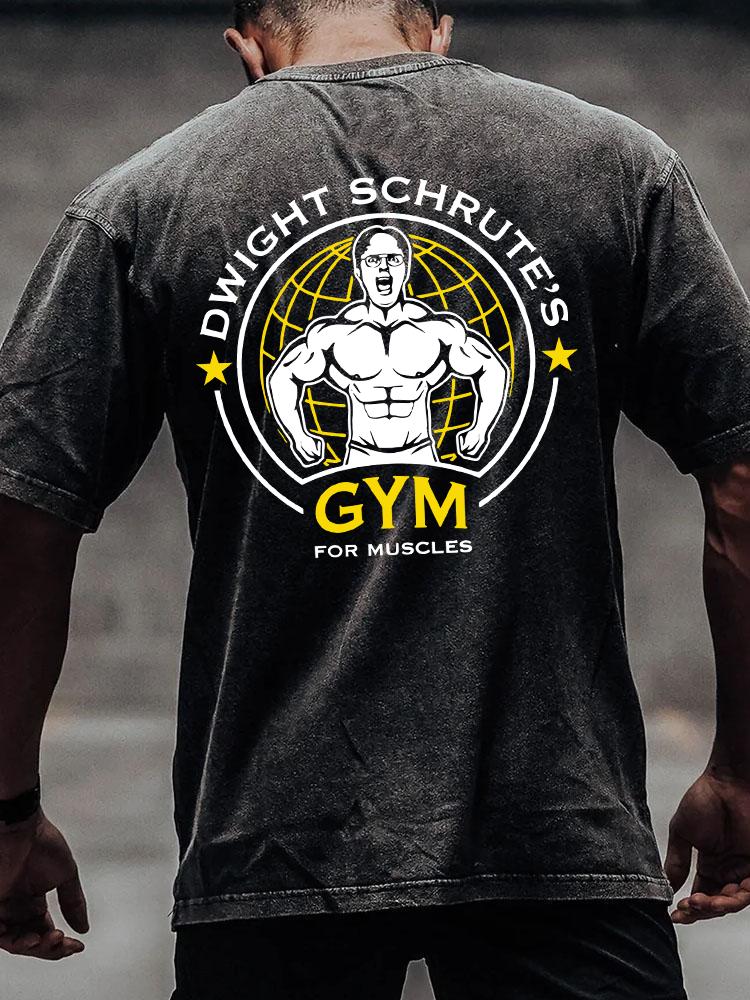 DWIGHT SCHRUTE’S GYM FOR MUSCLES back printed Washed Gym Shirt