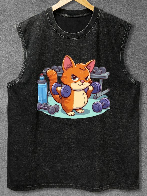 angry gym cat Washed Gym Tank